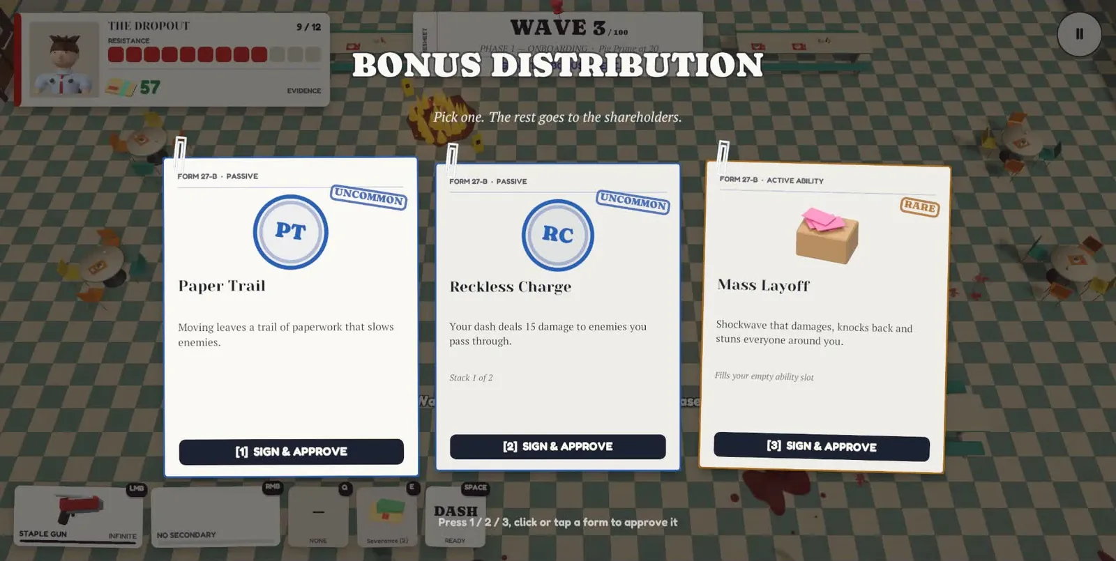 Bonus Distribution screen offering three upgrade forms: Paper Trail, Reckless Charge and Mass Layoff.