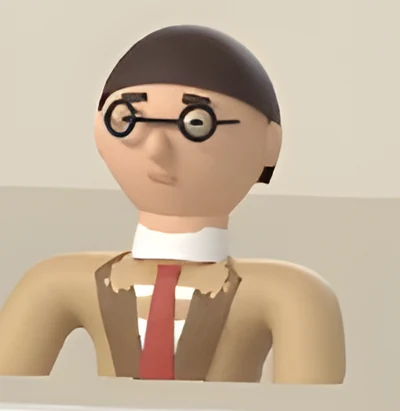 The Whistleblower: a nerdy analyst with round glasses and a brown suit.