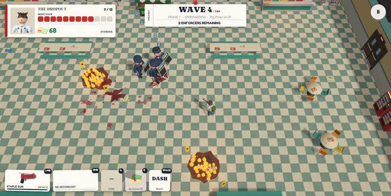 Fires burn across the checkered cafeteria floor as enforcers close in.