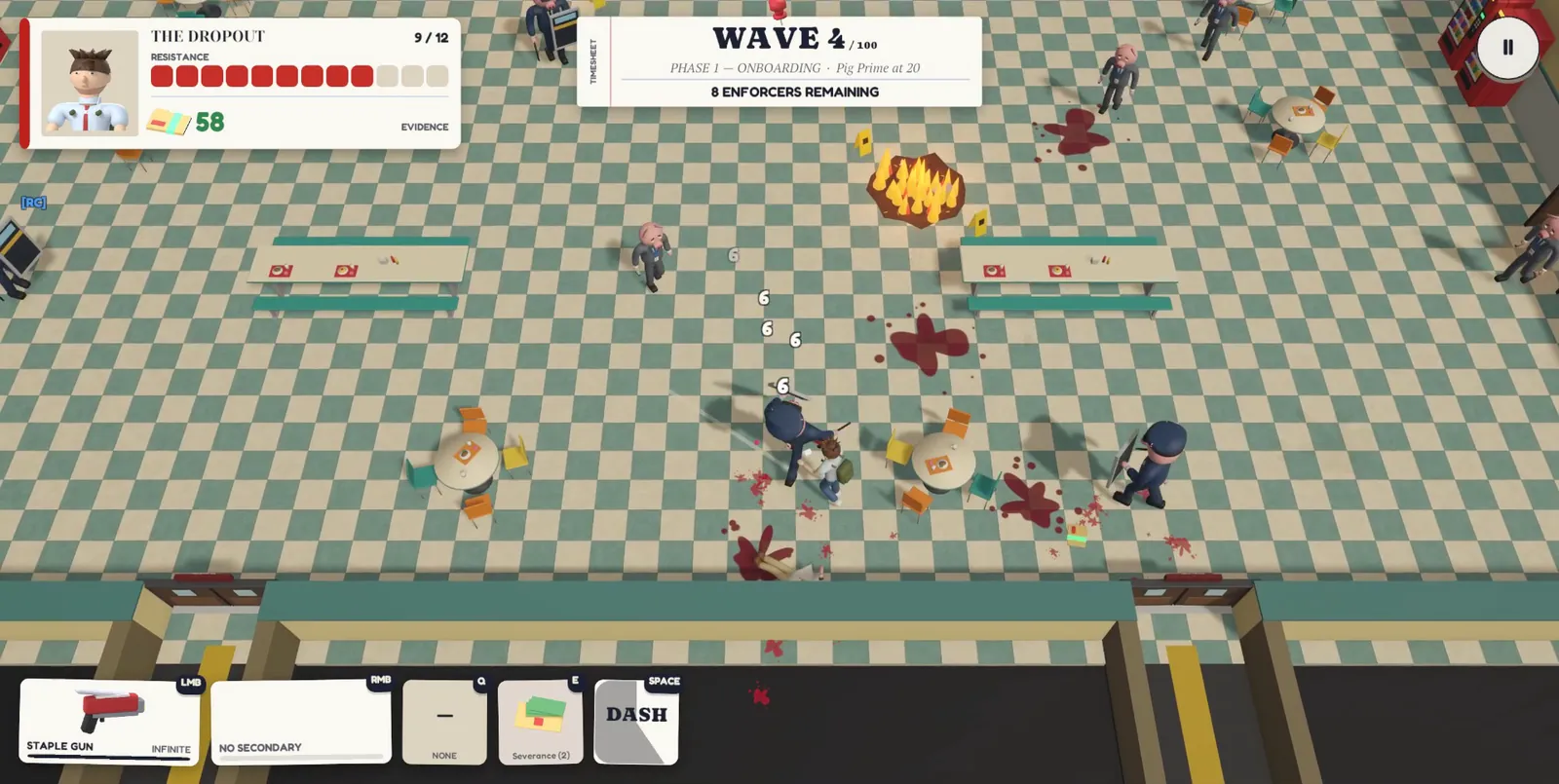 Pigslaughter gameplay: an office worker fights a crowd of pig enforcers in suits on a checkered cafeteria floor during wave 4.