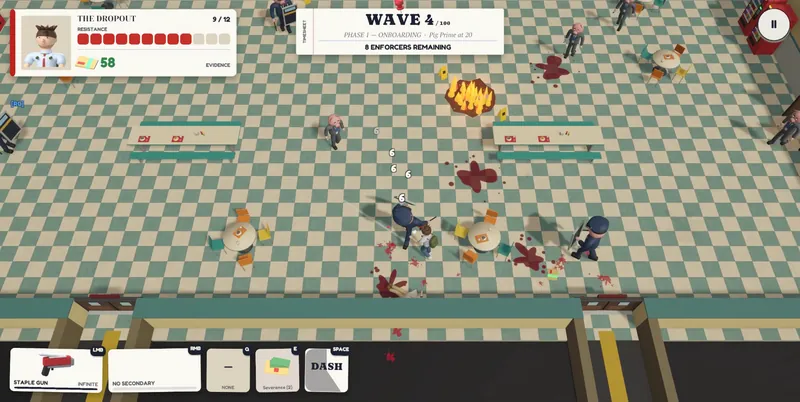 Wave 4: the Dropout fights off a crowd of pig enforcers in the Staff Cafeteria.