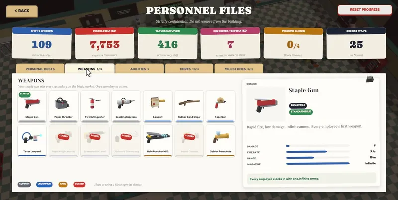 Personnel Files tracking shifts worked, pigs eliminated and unlocked weapons.