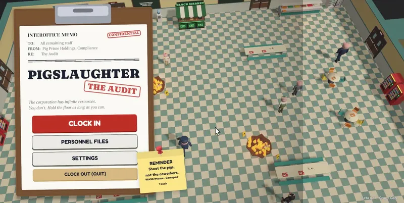 Pigslaughter: The Audit title screen, styled as an interoffice memo over the cafeteria.
